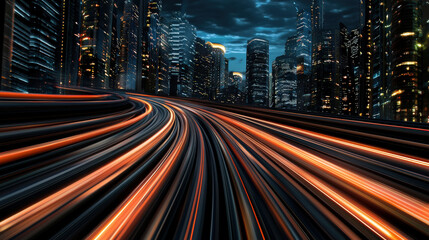 Obraz premium A dynamic cityscape at night, showcasing vibrant light trails and towering skyscrapers under a dramatic sky.
