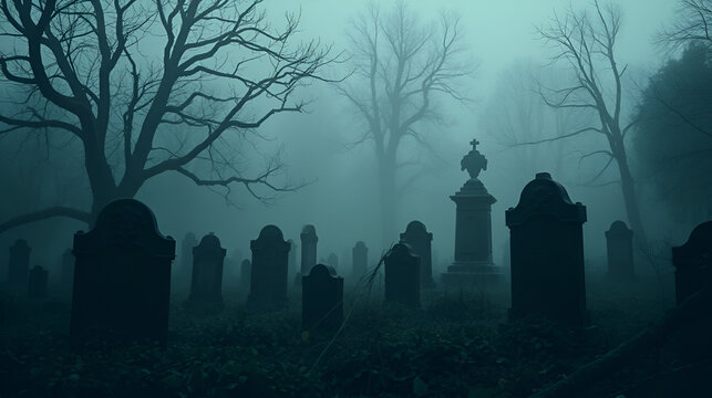 Creepy graveyard with overgrown tombstones and fog rolling in