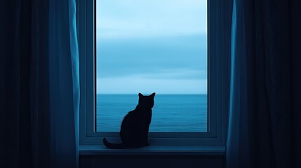 A black cat sits on a window sill looking towards the sea