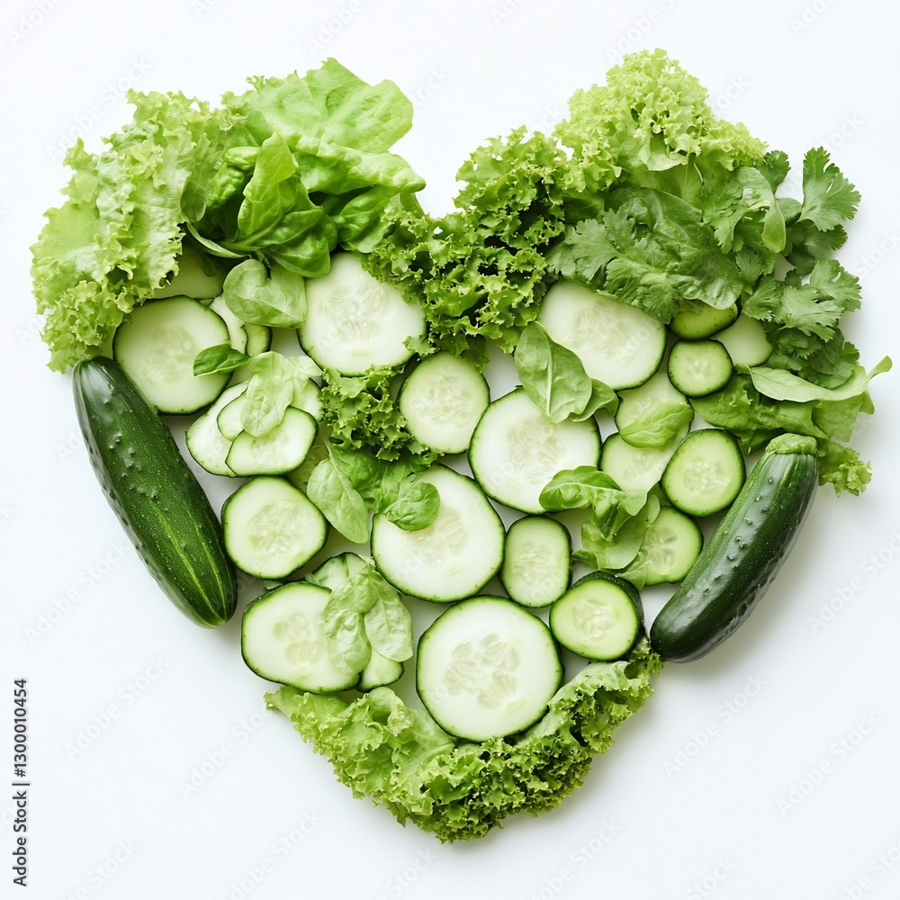 Poster fresh cucumbers and lettuce arranged in a heart shape on a white background.