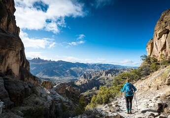 Hiker trekking scenic mountain trail, vast valley view.