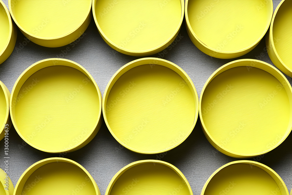 Poster abstract background of vibrant yellow circular containers arranged in a repeating pattern on a neutr