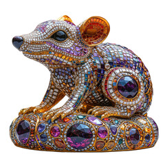 Shiny Gold Sculpture of a Bandicoot with Colorful Jewels and Intricate Mosaic Design