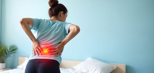 Young woman holds lower back in pain, ache. Lumbar spine injury or kidney inflammation. Backache symptom from muscle fatigue. Spinal disc prolapse illness. Healthcare, medical concept copy space.