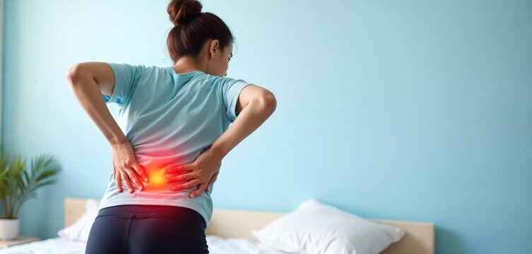 Young woman holds lower back in pain, ache. Lumbar spine injury or kidney inflammation. Backache symptom from muscle fatigue. Spinal disc prolapse illness. Healthcare, medical concept copy space.