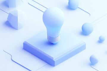 Lightbulb on a square platform amidst abstract pastel blue geometric shapes.
