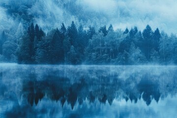 A serene scene of a lake reflecting a dense, blue forest under a misty sky, A tranquil and calming hue of blue