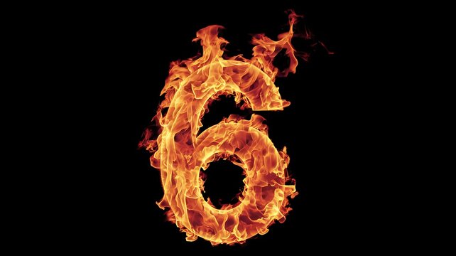 Fiery Sixth Sense: The number six, engulfed in vibrant flames, dramatically glows against a dark background. This image is a bold display of intensity and numerical symbolism.