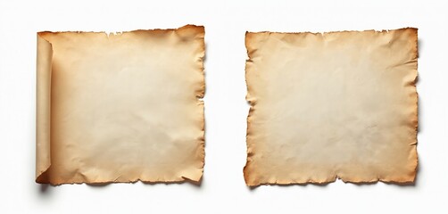 Two sheets of old paper with torn sides isolated on white background. Blank brown cardboard texture, grunge ripped vintage parchment frame, aged antique textured cardbox with empty ancient page for