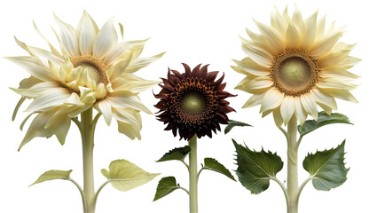 Fototapeta premium Large and small sunflower with green leaf, soft lighting and realistic textures, isolated floral PNG on black backdrop