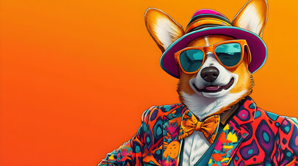 A corgi wearing a bold-patterned suit and a funky fedora with neon accents