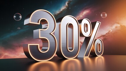 30% Off: A bold, silver 30% discount graphic with a futuristic, nebulous background. Perfect for advertising, promotions, and marketing campaigns.