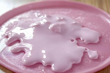 Close-up of pink liquid substance spilling onto a pink plate, creating an abstract pattern.  Perfect for beauty, cosmetics, or abstract backgrounds.