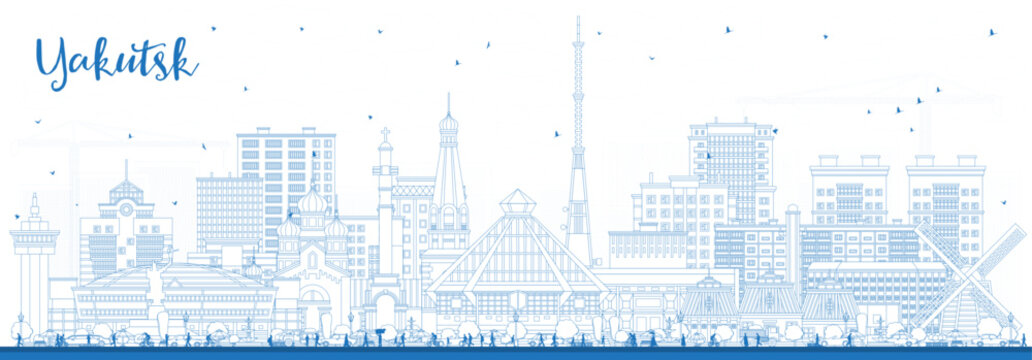 Outline Yakutsk Russia city skyline with blue buildings. Yakutsk cityscape with landmarks. Business travel and tourism concept with modern and historic architecture.