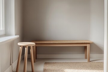 Fototapeta premium A minimalist interior featuring a bench and a wooden stool