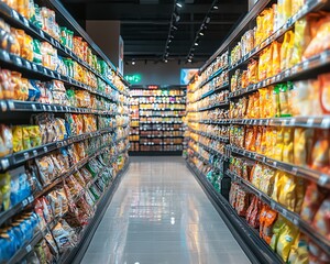 Fototapeta premium Interior of a large grocery store with rows of neatly organized shelves filled with an array of snacks, chips, and refreshing beverages, all set in a clean, modern shopping space