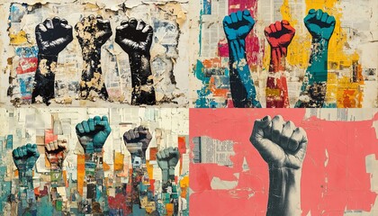 Powerful feminist protest collage with halftone closed fists raised high, vintage torn paper, and newspaper parts, illustrating the fight for women s rights and gender equality