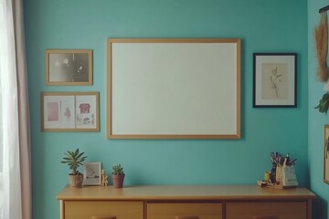 Teal wall with large blank frame, small pictures, plants, and wooden dresser.