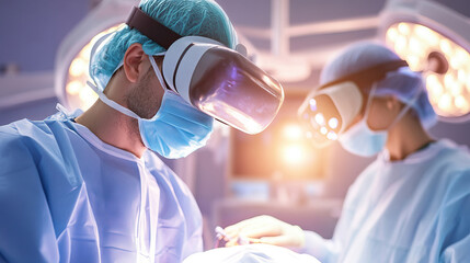 Surgeons using virtual reality in modern operating room for advanced medical procedures