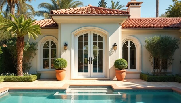 Classic double door with large glass panels, white frame in old Spanish style Los Angeles mansion. Red tile roof, terracotta pots. Swimming pool for luxury relaxation and rest.
