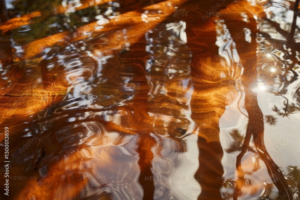 Poster a close-up of a smooth, glossy surface reflecting tree trunks with a golden sheen in the sunlight, s