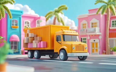 3D ecommerce delivery concept featuring a shipment truck with packages