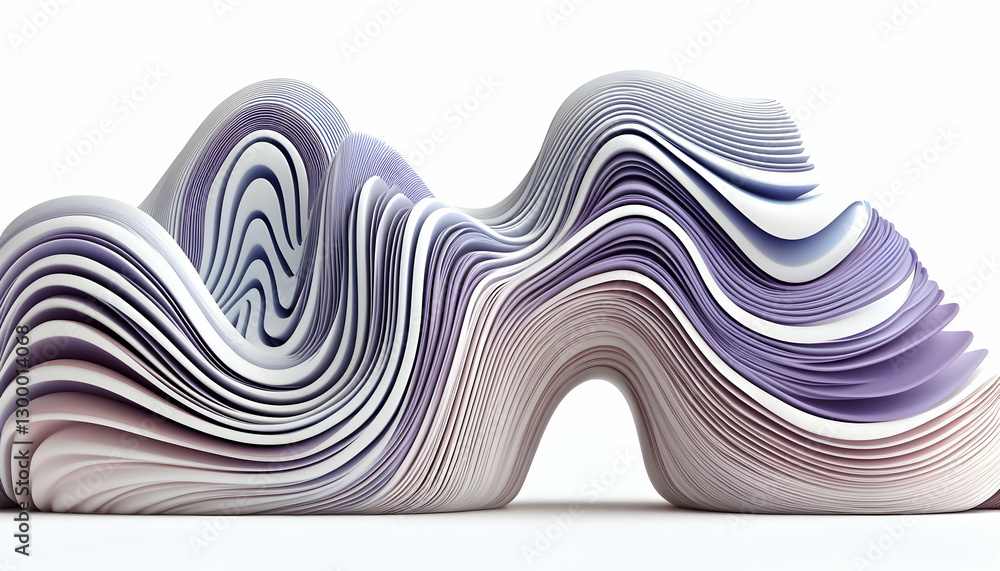 Poster abstract 3d rendering of layered, flowing, pastel purple and white shapes, creating a dynamic and mo