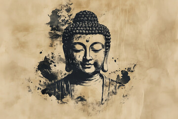 Fototapeta premium A black ink brush painting of Buddha on a textured beige parchment background