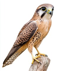 Brown and Tan Falcon Perched on Weathered Wood Against White Background