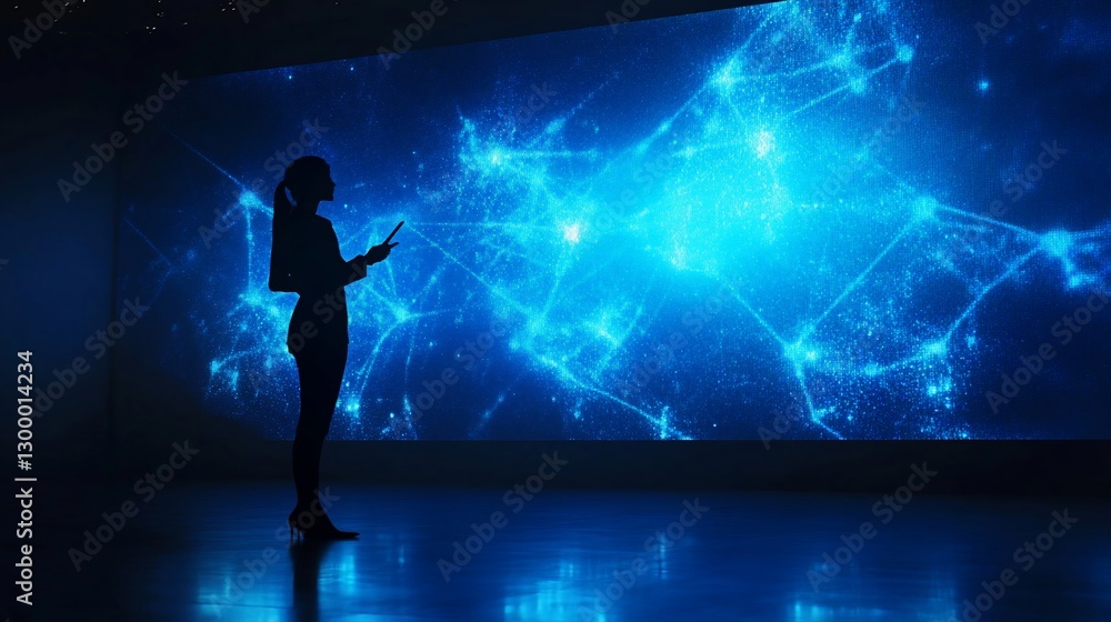 Poster woman presenting digital network data on a large screen display