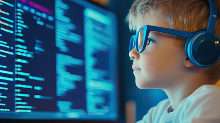 Young programmer with headphones engaged in coding on computer screen for educational design