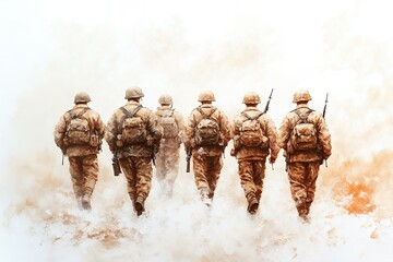 Obraz premium Military Personnel Walking Away In Tan Camouflage Uniforms