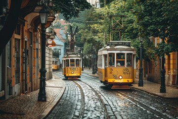 Two yellow trolleys travel down a cobblestone street in Lisbon, Portugal, Old-fashioned trolleys clattering down cobblestone streets