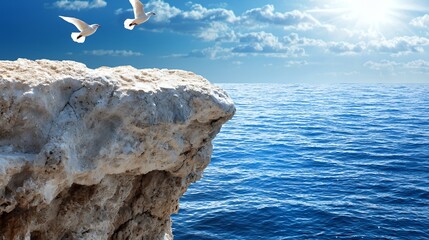 Two Seagulls Flying Over a White Cliff Above a Blue Ocean