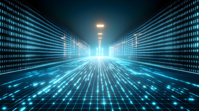 Futuristic digital highway with glowing binary code walls. Abstract digital landscape representing data flow and technology.