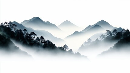 Misty Mountain Range Landscape In Gray And Blue Tones