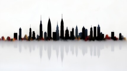 Naklejka premium Misty Silhouette Cityscape Skyline Autumn Leaves