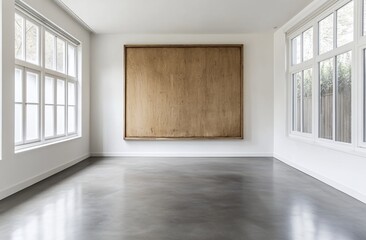 Fototapeta premium Minimalist interior design bright room with large wooden artwork, polished concrete floor, and large windows.