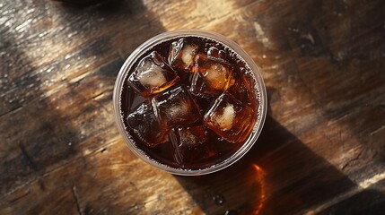 Obraz premium Iced tea in a plastic cup with ice cubes on a wooden table.