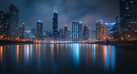 Fototapeta premium Night cityscape reflected in calm water, skyscrapers illuminated.