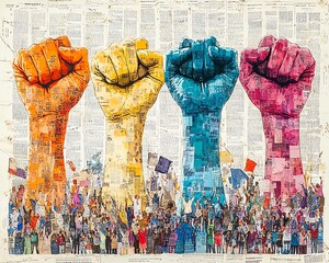 Halftone raised hands with closed fists