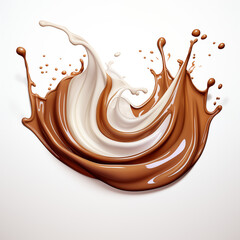 Chocolate splashes, milk and white chocolate, realistic, color, isolated on a white background, picture, photo, banner, signboard, without people, ai
