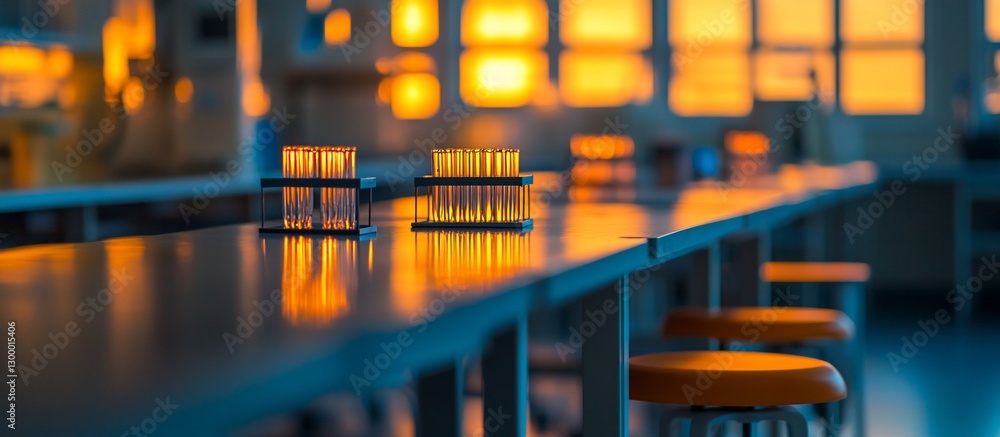 Poster empty lab tables with test tubes at sunset.