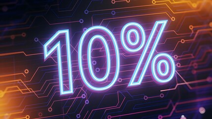 Digital Discount: A vibrant neon sign illuminates "10%" against a modern circuit board backdrop, perfectly representing a special promotion, or percentage, with futuristic aesthetic.