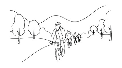 Scenic Cycling Adventure Hilly Landscape, Riders, Trees, Nature