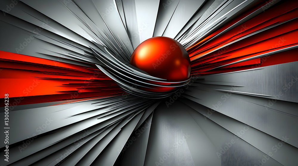 Poster abstract 3d render of a vibrant red sphere nestled within dynamic grey and orange metallic structure
