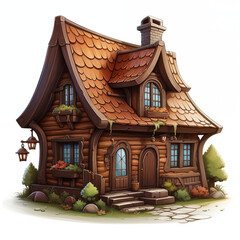 Fabulous chocolate house with two entrance doors, camera angle, badge, color sketch, picture, on a white background, image for printing on a T-shirt, signboard, billboard, without people, candy store