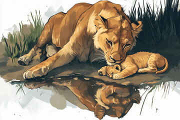 A mother lion lies down beside her sleeping cub near a calm water body, surrounded by tall grass in the savannah during dusk © Mariant