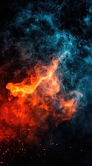 Fiery blue and red smoke swirls against dark background, abstract art, design element