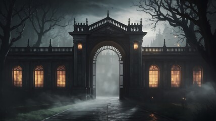 Mysterious Gateway: A foreboding gothic gateway with a grand arched entrance leads into an ominous, fog-laden landscape. Spooky, mysterious and eerily illuminated by warm, inviting light.